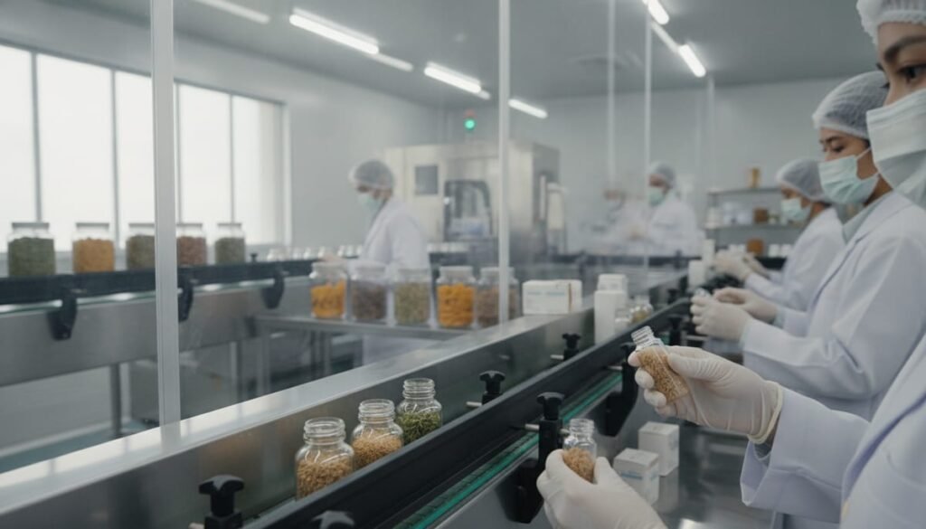 Proses produksi maklon kapsul herbal di fasilitas manufaktur berstandar untuk pemilik brand