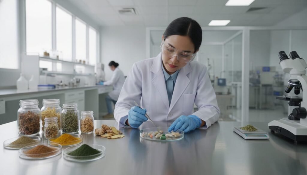 Peneliti memeriksa bahan baku untuk memahami perbedaan jamu obat herbal terstandar dan fitofarmaka di laboratorium maklon