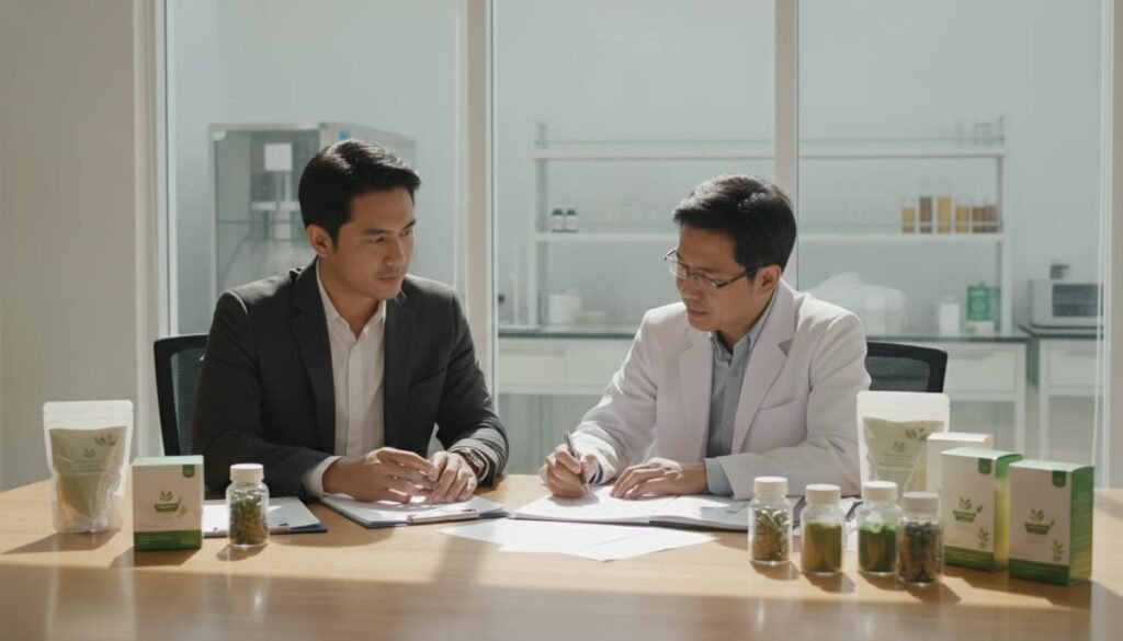 Konsultasi bisnis membahas berapa lama proses izin BPOM produk herbal bersama tim maklon