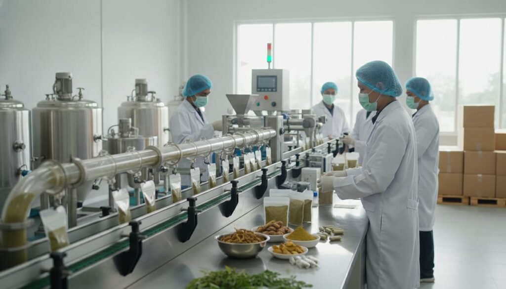 Proses produksi maklon jamu serbuk di fasilitas manufaktur untuk brand herbal