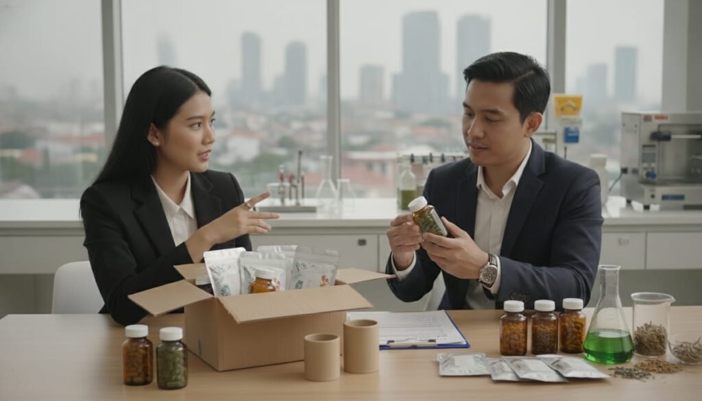Diskusi minimal order maklon herbal antara calon pemilik brand dan tim produsen di ruang konsultasi