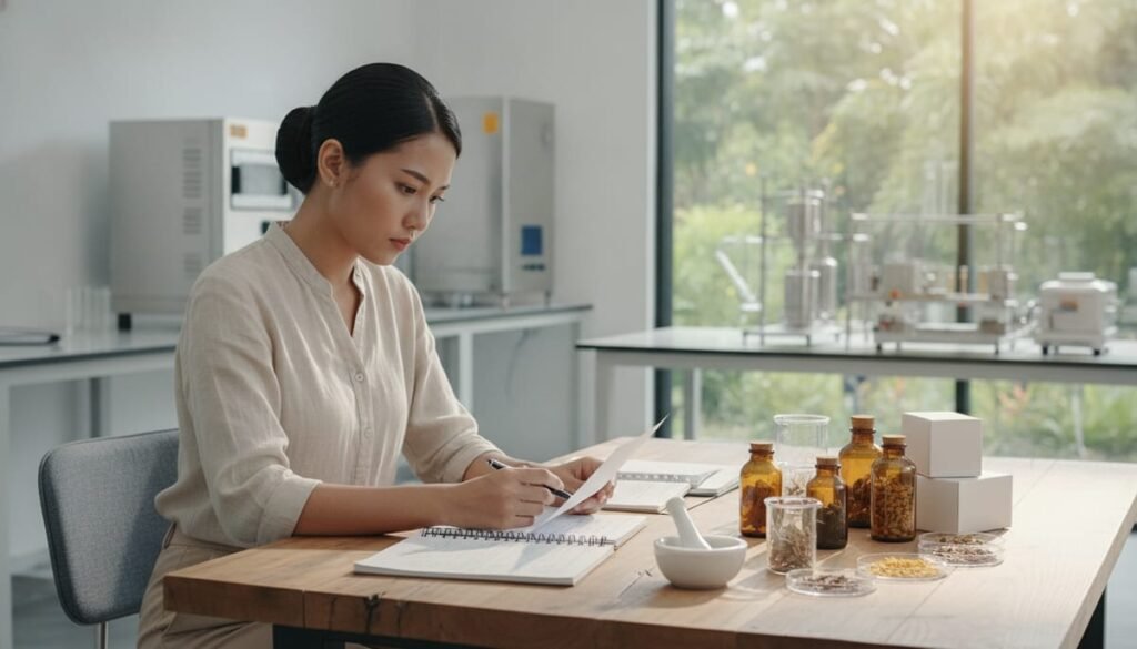 Pemilik usaha menghitung modal usaha obat herbal dengan sistem maklon di meja kerja